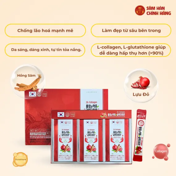 Nước hồng sâm Collagen Lựu Glutathione 10ml x 30 gói